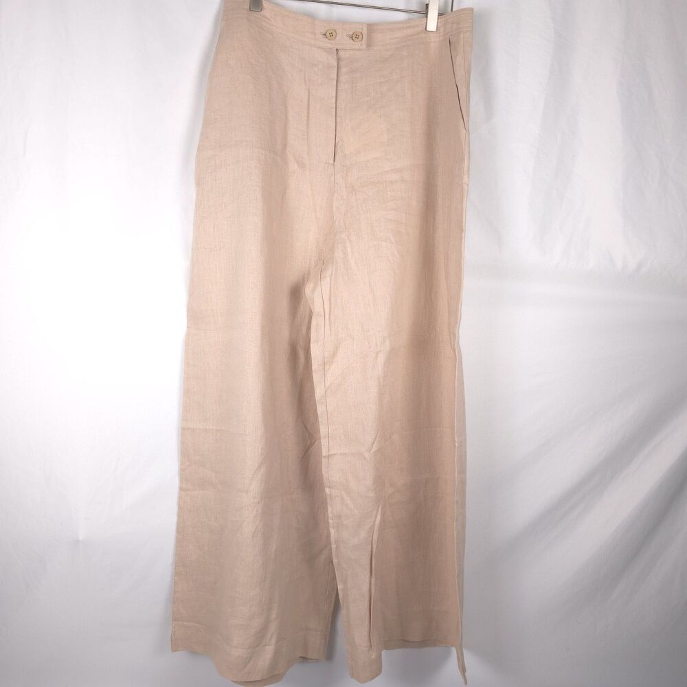 NWT Womens Sz 14 Beige 100% Linen Wide Leg Pants High Rise 28" Inseam Boho Beach